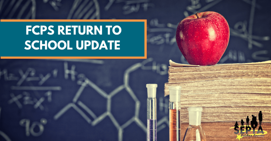 background is a chalkboard with mathematical equations written on it. Foreground is a stack of papers with an apple on top, with 3 test tubes in front of it. The text "FCPS Return to School Update" appears in the top left, while the SEPTA logo appears in the bottom right.