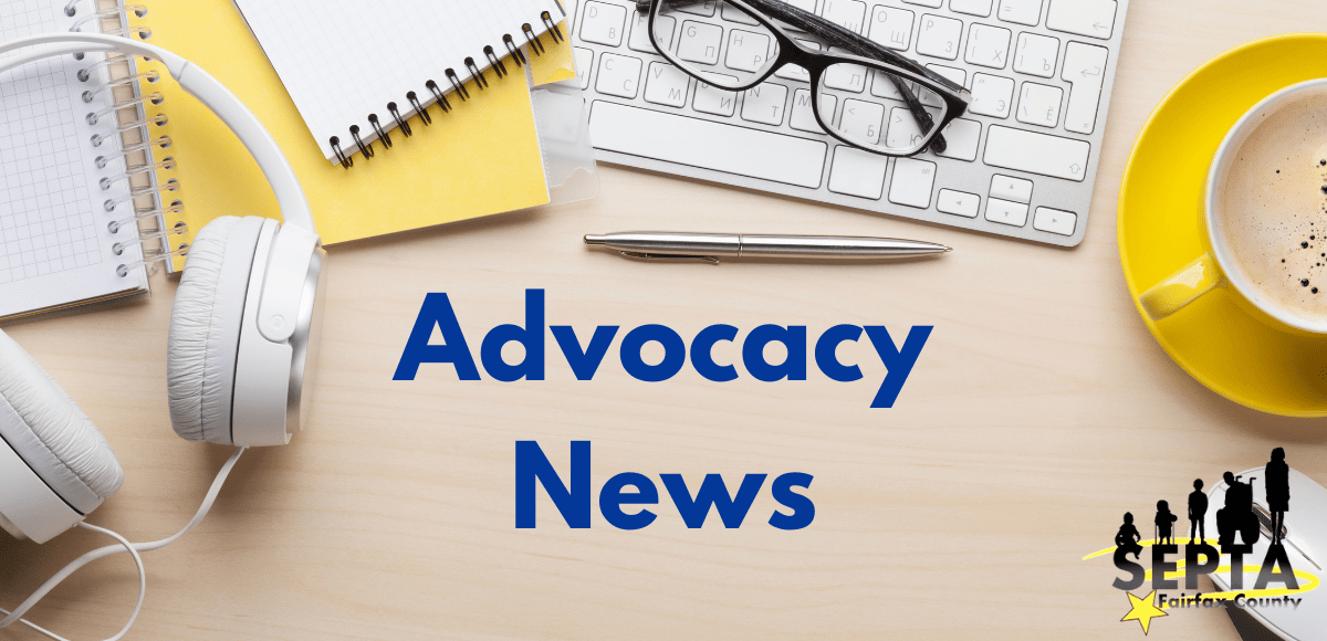Picture is that of a light wood desk. There are work-related objects scattered on the desk. From left to right: headphones, 2 notebooks, a keyboard with a pair of glasses resting on it, a silver pen, a yellow cup of coffee w/saucer, a computer mouse. In the center is blue text saying "Advocacy News." The SEPTA logo is in the bottom right corner.