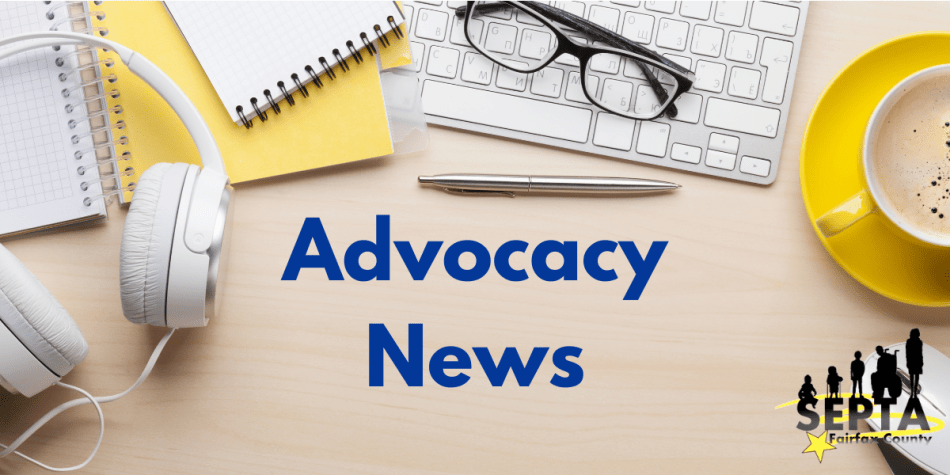 Picture is that of a light wood desk. There are work-related objects scattered on the desk. From left to right: headphones, 2 notebooks, a keyboard with a pair of glasses resting on it, a silver pen, a yellow cup of coffee w/saucer, a computer mouse. In the center is blue text saying "Advocacy News." The SEPTA logo is in the bottom right corner.