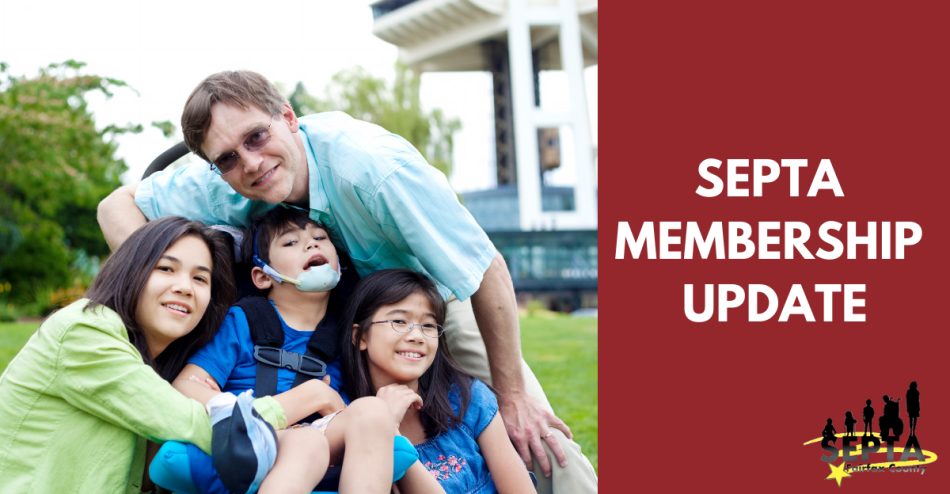 Image is divided into 2 sections. On the left is a photo of a family with a disabled child in a wheelchair in the center. On the right is a solid maroon background, with the words "SEPTA Membership Update." The SEPTA logo appears in the bottom right corner.
