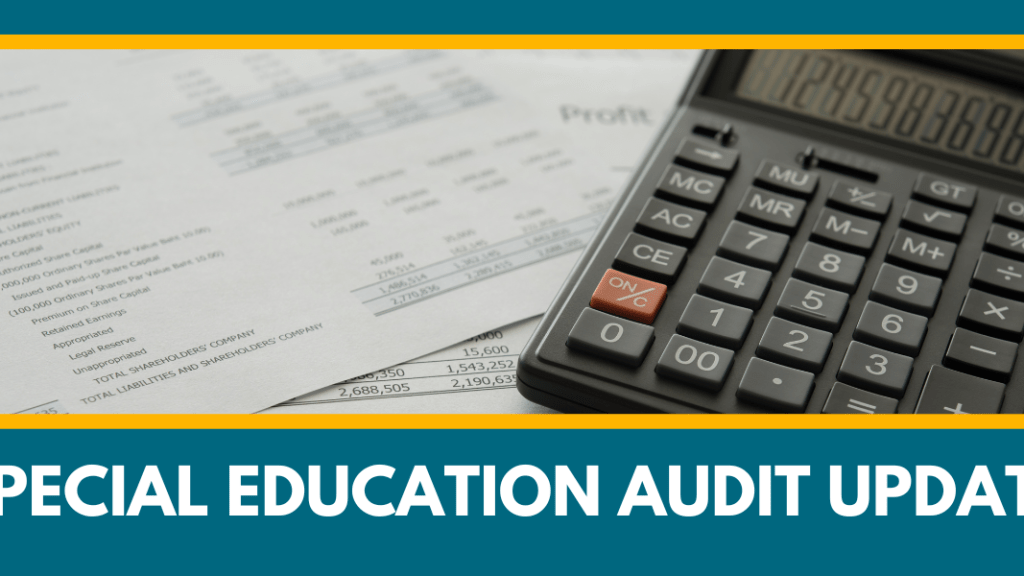 FCPS teal & yellow accents frame a photo showing financial documents and a calculator. The title reads "Special Education Audit Update"