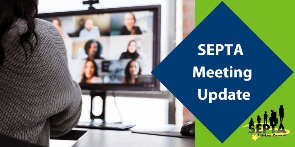 On the left is an image of a person in front of a blurred video conference screen. On the right is a color blocked green vertical rectangle/navy blue diamond with the words "SEPTA Meeting Update" in the center of the diamond. The SEPTA logo appears in the bottom right.