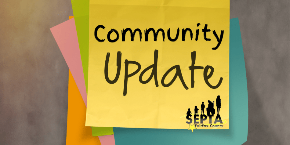 A stack of multi-colored neon post-it notes on a grey background. The top sticky says "Community Update" and has the SEPTA logo in the bottom right corner.