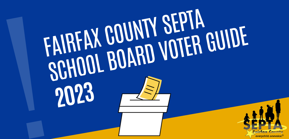 Background is PTA Blue with a sideways isoceles triangle of gold coming up from the bottom on the right side. Text says "Fairfax County SEPTA School Board Voter Guide 2023, with clipart of a voting box and ballot in the center. SEPTA logo appears in the bottom right corner.