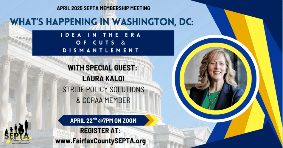 Event graphic featuring U.S. Capitol, Laura Kaloi, and SEPTA logo; titled "What's Happening in Washington, DC: IDEA in the Era of Cuts & Dismantlement" for April 22nd at 7pm.
