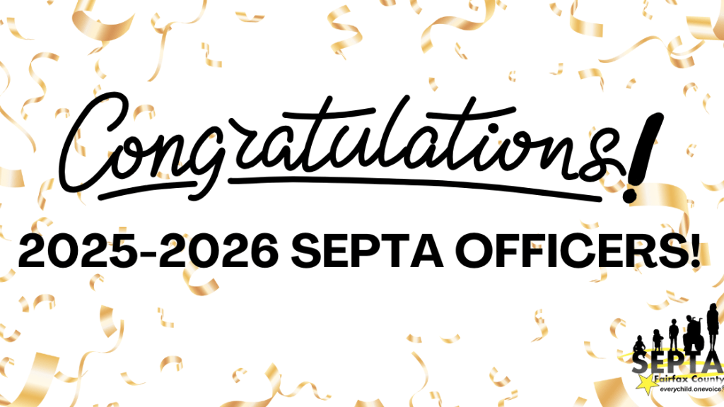 Gold confetti sprinkled on white background with the words "Congratulations 2025-2026 SEPTA Officers!"