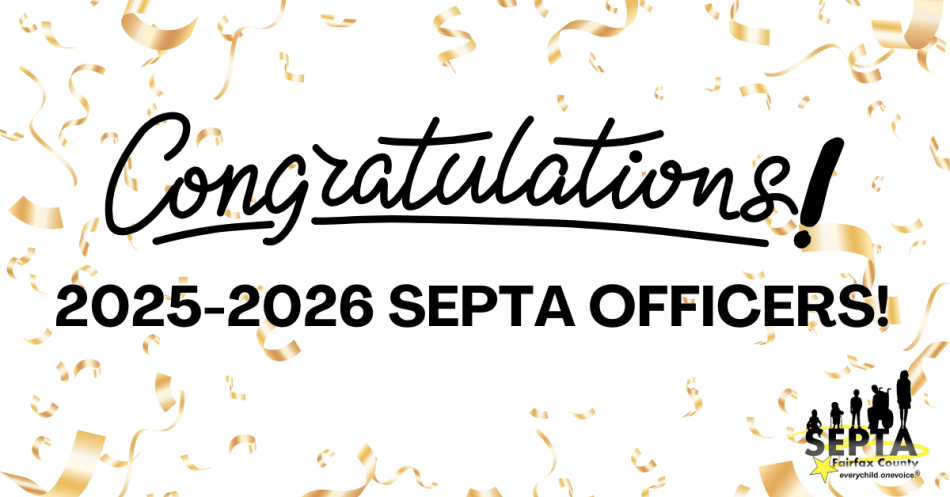 Gold confetti sprinkled on white background with the words "Congratulations 2025-2026 SEPTA Officers!"