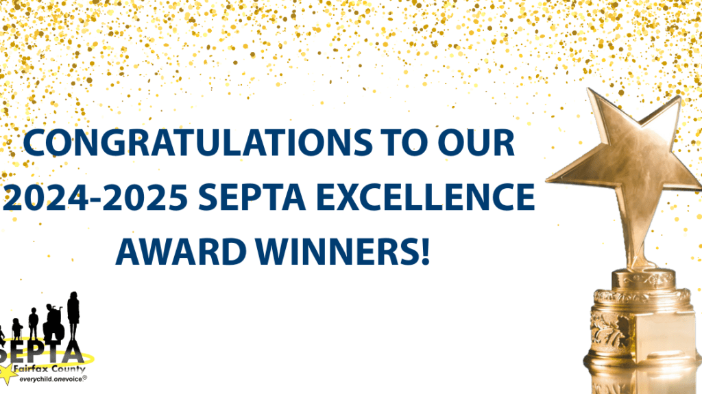 Gold glitter "raining" down a white background with a gold star trophy on the right. The SEPTA logo is in the bottom left. Image says "Congratulations to our 2024-2025 SEPTA Excellence Award Winners!"