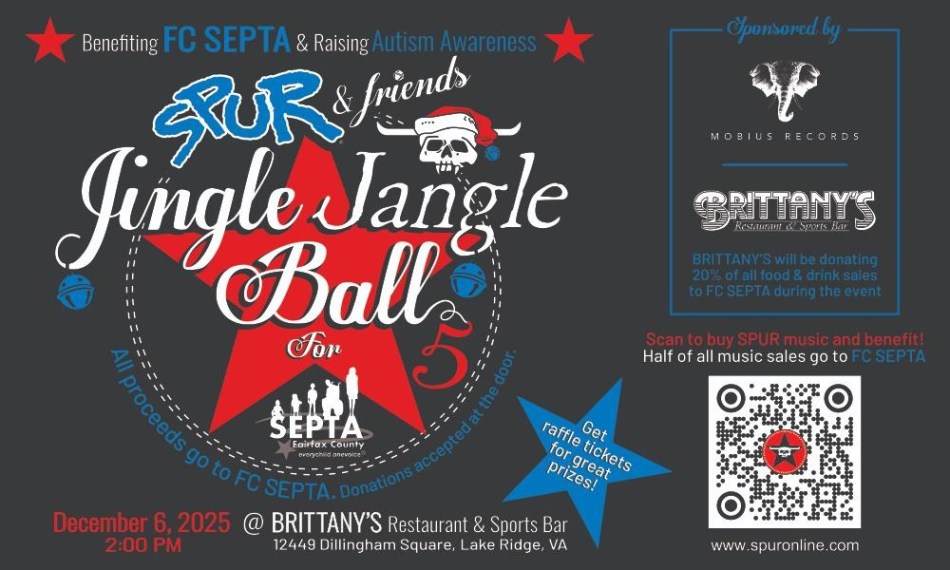 Black image with a red star in the center and the Spur logo above with the words Spur & friends Jingle Jangle Ball. SEPTA's logo appears below the star. On the right is the logo for Brittany's Restaurant and Mobius Records. QR code in the bottom right leads to spuronline.com. All text on the image is within the post.